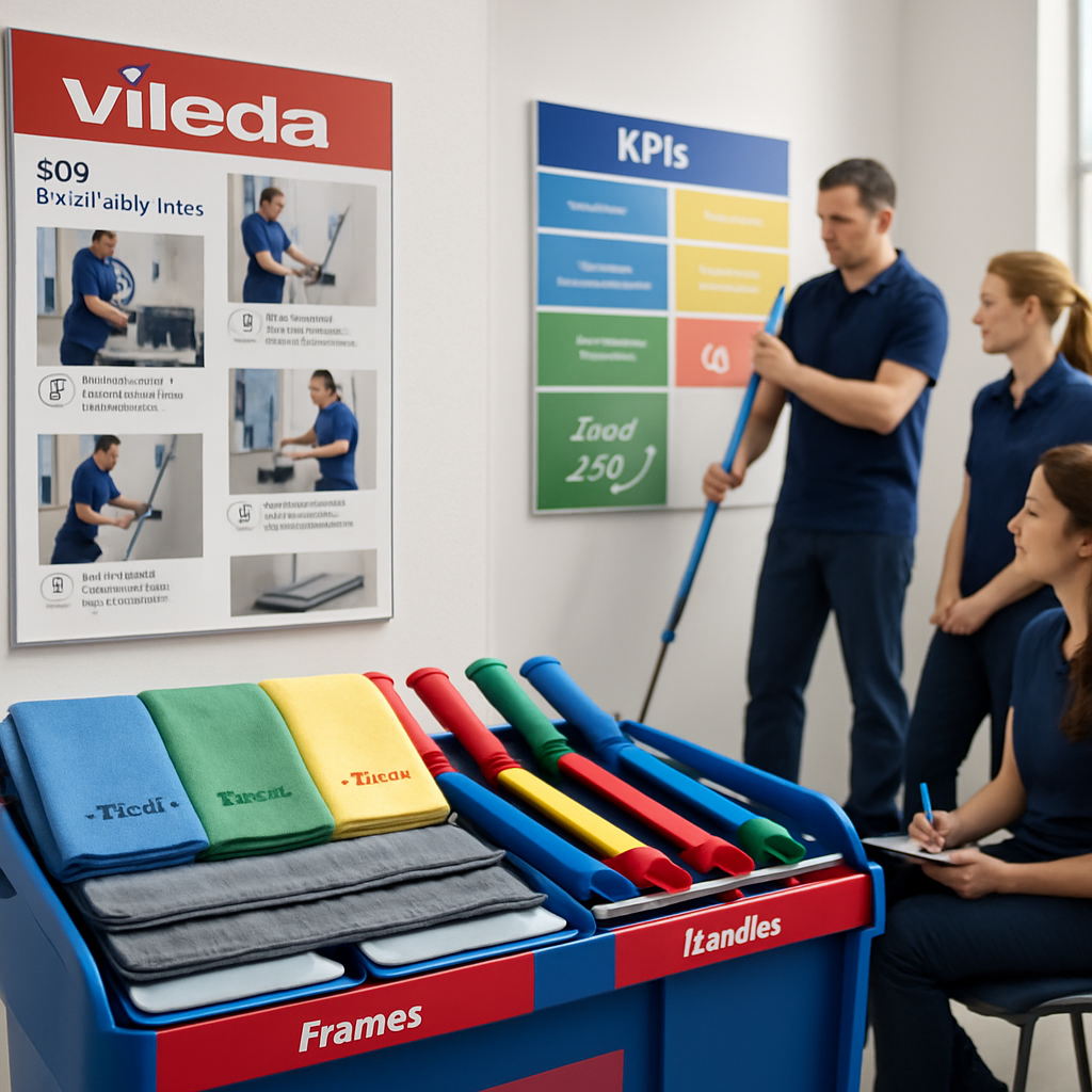 keep Vileda Branding and keep it optimizaded for website seo The image depicts a clean organized workspace divided into multiple sections each showcas