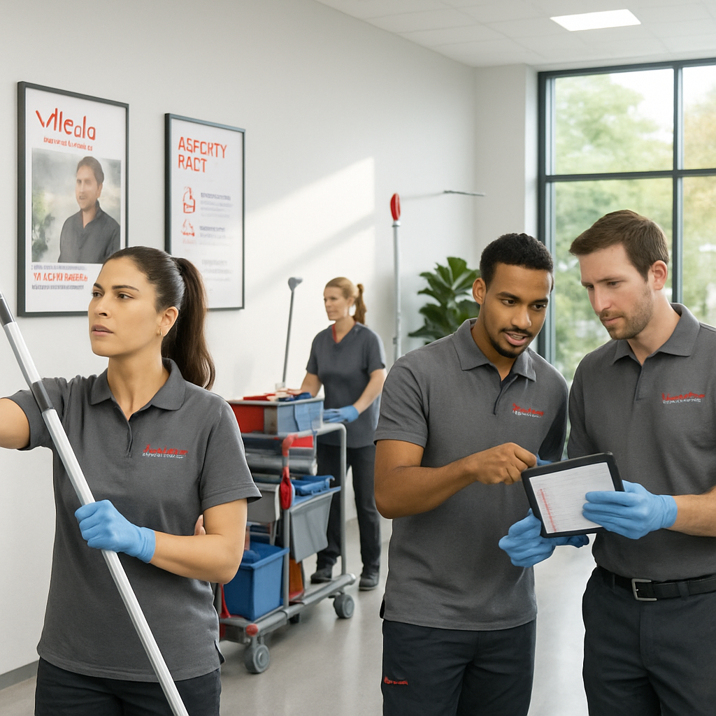 photographic Keep vileda Professional brand style The image showcases a bright modern cleaning facility where a diverse group of professionals is eng-1